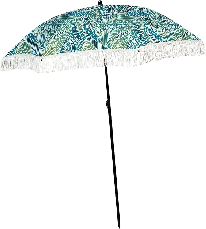 Beach Umbrella for Sand –Windproof with Sand Anchor Bag, Portable, Fringe, Denim Bag, Features Pointed Bottom,100% UV Sun Protection – Seacove
