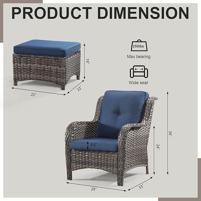 Wicker Chair Set 6 Pieces - Outdoor Wicker Patio Furniture Set with 4 Armchairs and 2 Ottomans, Olefin Cushions Included(Mixed Grey/Blue)