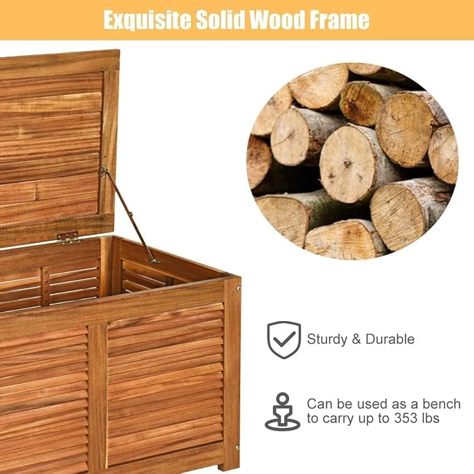 HOMGX Acacia Wood Outdoor Storage Box, 46 Gallon Deck Box Patio Bench for Toys Storage, Gardening Tools, Porch, Backyard
