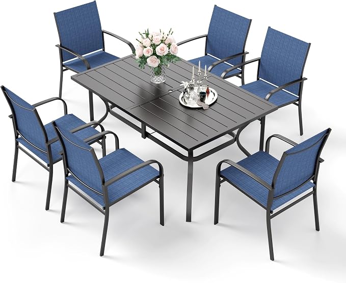 HERA'S HOUSE 7pc Patio Dining Set, 60" Metal Table, Textilene Chairs | Rectangular table with umbrella hole+ 6 blue chairs. Waterproof, rust-resistant, all-weather for backyard, porch