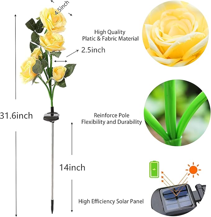Solar Flowers Garden Lights Outdoor Waterproof [Updated] 2 Packs 10 Yellow Roses Solar Decorative Stake Lights for Patio Pathway Yard Lawn Decor