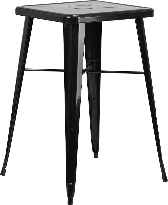 EMMA + OLIVER Commercial Grade 23.75SQ Black Metal Indoor-Outdoor Bar Table Set-2 Stools-Backs