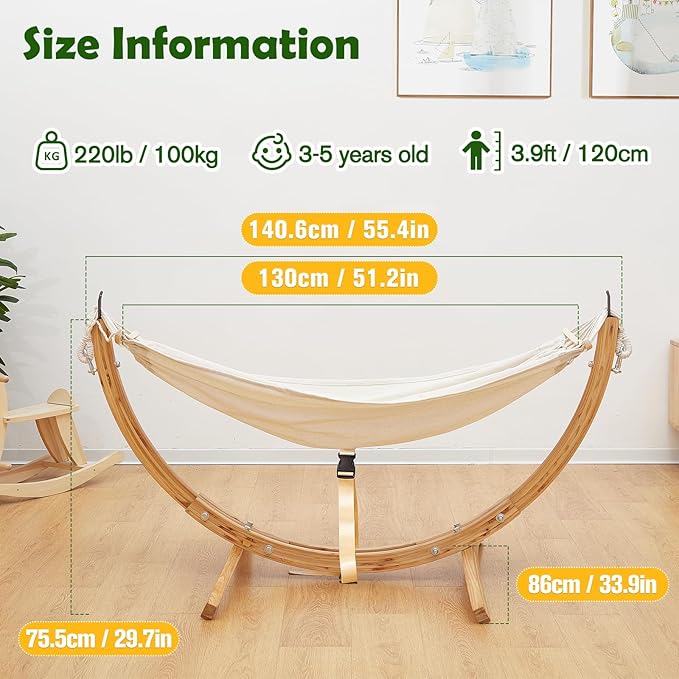 FUNLIO Wooden Hammock with Stand for Kids 3-5 Years (Height < 3.9ft/120cm), Premium Solid Wood Kids Hammock Chair Stand, Stable Structure, Wider & Longer Children Hammock, 220lbs Capacity