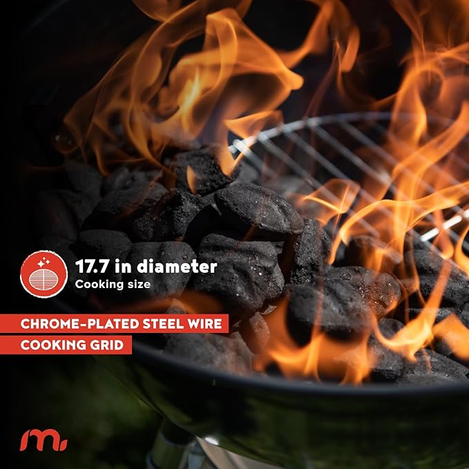 Megamaster 18" Portable Charcoal Barbecue Grill with Adjustable Air Vent, Storage Rack, 245 SQ. In Cooking Area, 2 Wheel Transport BBQ Grill for Camping, Outdoor Cooking, Patios, and More - 810-KY003