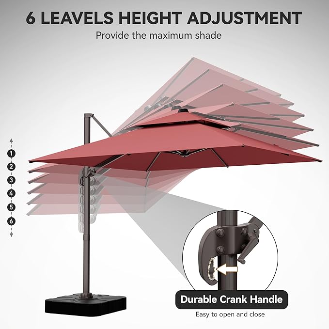 GENTEACO 10X10 FT Cantilever Umbrella with Base Included, Large Offset Patio Umbrella with Double Top, 6 Angle Tilts & 360° Rotation, Large Square Sun Umbrellas for Outdoor Pool Market, Red