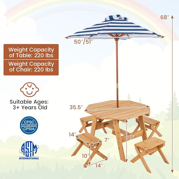KOTEK Kids Picnic Table, Fir Wood Foldable Toddler Octagon Table and Chairs with Height Adjustable Umbrella, Indoor Children Art Play Table, Activity Kids Outdoor Table for Backyard & Patio (Natural)