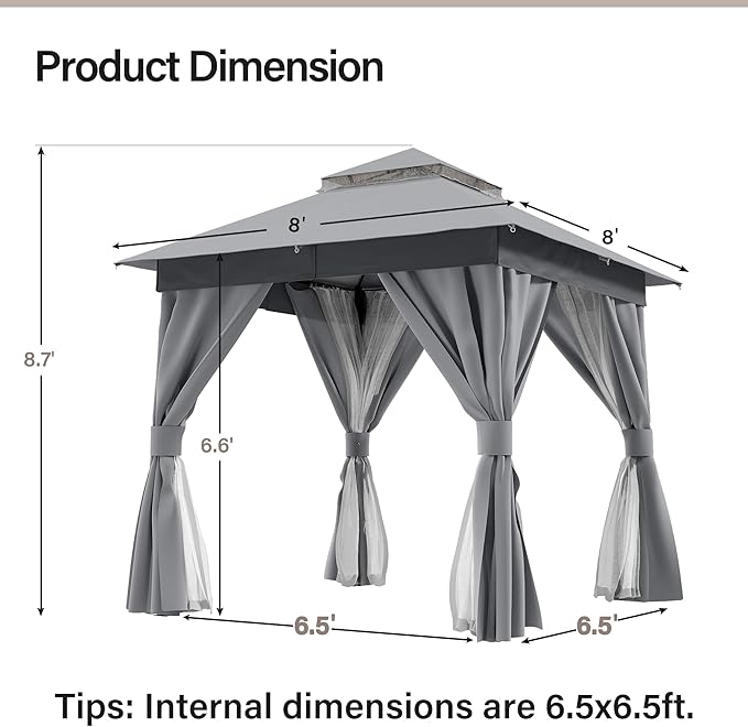 LAUSAINT HOME 8'x8' Outdoor Gazebo, Metal Frame Heavy Duty Patio Canopy Tent Shelter with Double Roofs, Mosquito Nettings and Privacy Screens for Backyard, Garden, Lawn, Steel Gray
