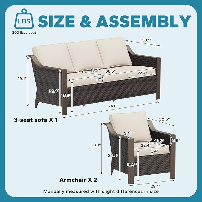 3 Pieces Outdoor Patio Conversation Furniture Set - 75" 3-seat Sofa | 2 Wicker Chairs, Metal Wicker Couch, Removable Cushions, PE Rattan, Metal armrests, Yard (Beige and Brown Stripe)