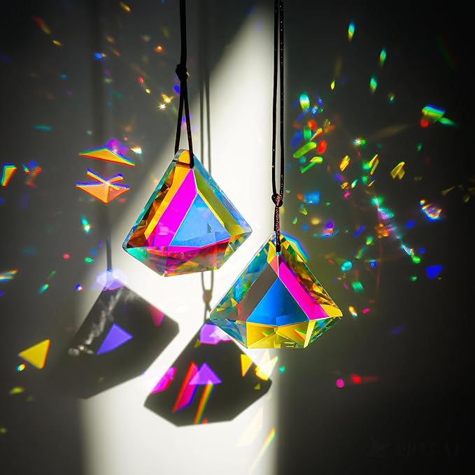 2 Pcs 1.9 Inch AB Crystal Prism Suncatcher Window Decor | AB Colored Crystal Prisms Sun Catcher Set of 2 Hanging Pendants for Window Indoor Home Garden Decor Rainbow Maker