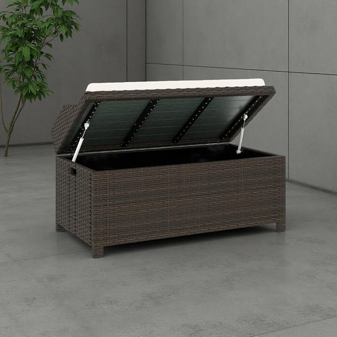 2-in-1 Outdoor Wicker Storage Bench & Outdoor Storage Box with Gas Struts- 34 Gallon Water-Resistant Deck Box,Splash-Proof Cushion & Removable Cover.Deep Coffee Rattan,Patio Storage Cabinet Solution