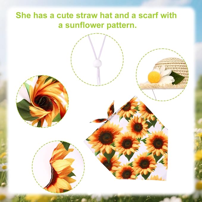 Lyreh Porch Goose Outfits, Hawaiian Sunflower Pastoral Style Goose Clothes Set Straw Hat & Scarf Costume for 23/17" Lawn Statue for Outdoor Garden Yard Patio Decor Accessories