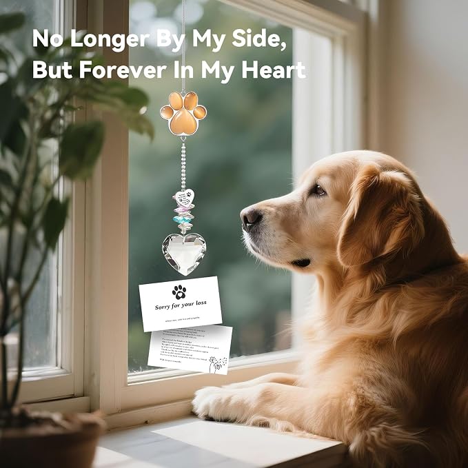 Dog Memorial Gifts, Pet Memorial Suncatcher, Loss of Dog Sympathy Gift | Thoughtful Dogs and Cats Bereavement Remembrance Gifts, Natural Cat's Eye Stone Paw Crystal Suncatcher