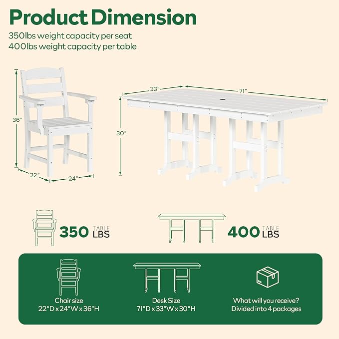 HOPUBUY 5 Pieces Patio Dining Set for 4, 71" HDPE All-Weather Patio Table and Chairs Set with Umbrella Hole, Durable Outdoor Furniture Set for Garden, Backyard, Lawn & Poolside (White)