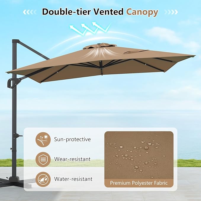 Tangkula 11 x 9 FT Patio Umbrella, Large Offset Cantilever Outdoor Umbrella with Aluminum Pole, 360 Degree Rotation, Tilt Adjustment, 8 Sturdy Ribs, Air Vent & Cross Base for Backyard Pool Garden Deck (Tan, 11x9 FT)