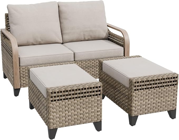 Modern Wicker Patio Furniture Set, Rattan Outdoor Conversation Set with Comfortable Cushions, 2 Seat Loveseat and 2 Ottomans, 3 Pieces, Brown/Gray