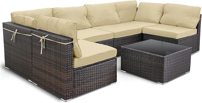 7 Pieces Outdoor Patio Furniture Sets,Rattan Conversation Sectional Set,Manual Weaving Wicker Patio Sofa with Tea Table