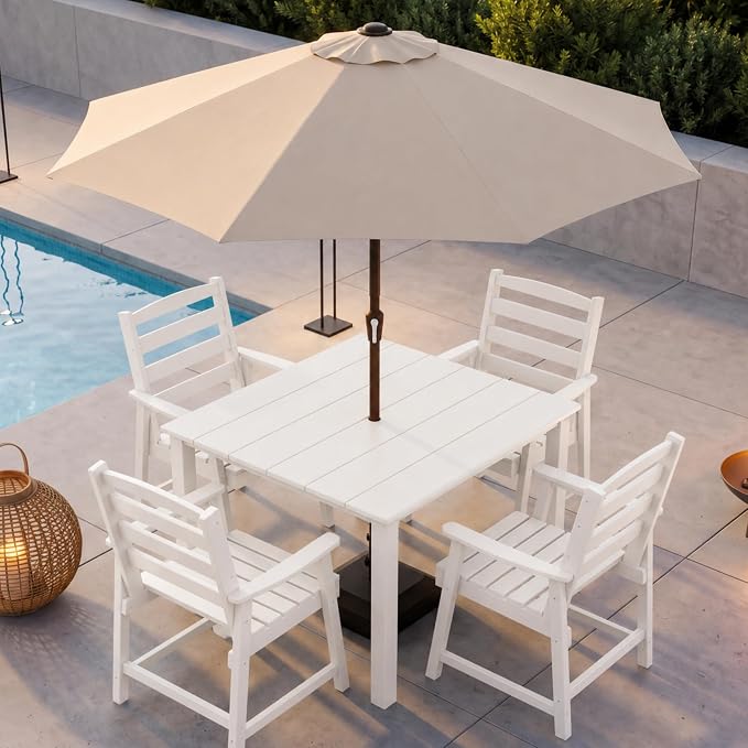 HDPE Outdoor Dining Set for 4 with 10FT Umbrella, White | All-Weather HDPE, Wood Grain Finish, 42.5" Square Table, Built-In Umbrella Hole, Seats 4, Patio & Poolside Ready