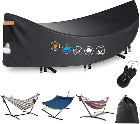 Heavy Duty Waterproof Hammock Cover with Stand - Patio Swing Bed Protector, Weatherproof UV-Resistant Oxford Shield, Windproof Buckles, Night-Reflective Handles, Fits 12ft Spreader Bar