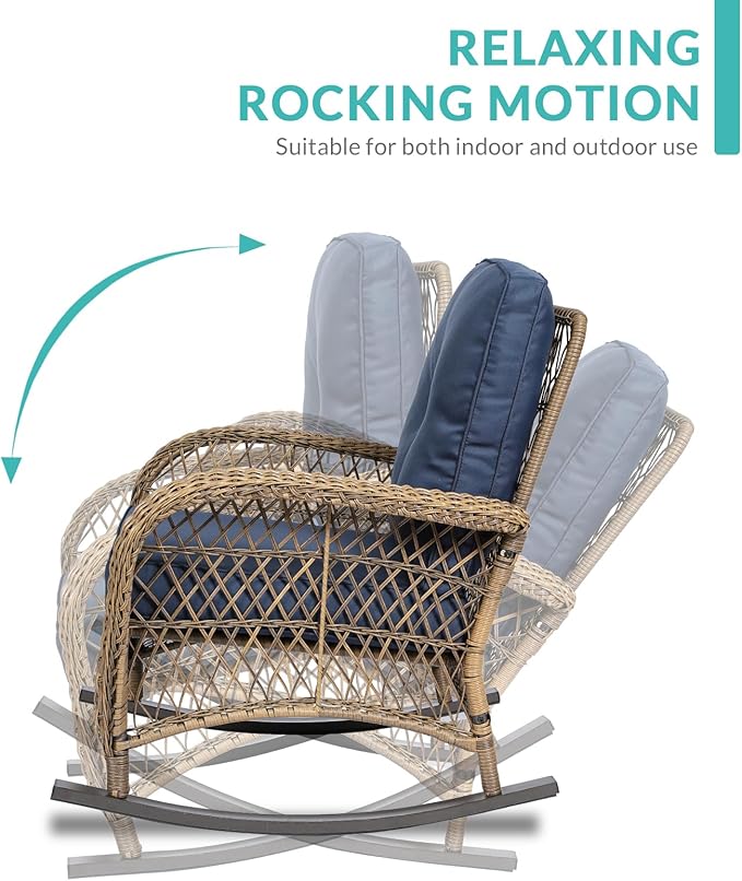 MEETWARM 7 Pieces Outdoor Wicker Patio Conversation Sets with Glider Loveseat, 4 Chairs with 2 Glass-Top Coffee Table Wicker Rocking Glider Set, Wicker Conversation Set w/Thickened Cushions, Navy Blue
