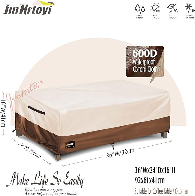 JinHrtoyi Patio Coffee Table Cover,36Wx24Dx16H Inches 100% Waterproof Heavy Duty Outdoor Rectangular Side Table Cover,Beige&Brown Modern Style Outdoor Furniture Covers