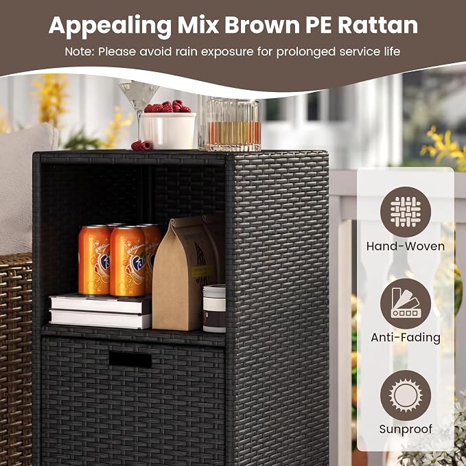 Tangkula Rattan Outdoor Storage Cabinet, Patiojoy Outdoor Wicker Cabinet with 3 Shelves, 1 Removable Drawer, Patio Storage Deck Box for Backyard Poolside Porch