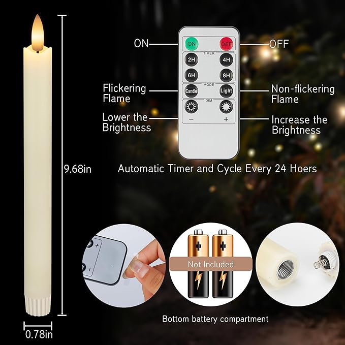 JOIONE Flameless Taper Candles with Remote, 2 Pack Real Wax LED Battery Operated Candle with Flickering Flame, Safe Home Décor for Living Room, Bedroom, and Dining Table, Wax Ivory