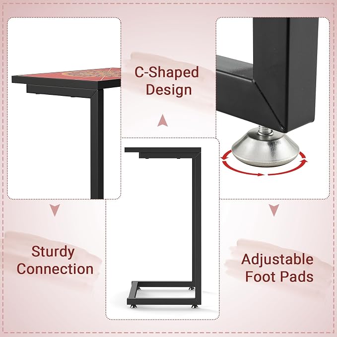 Tangkula C-Shaped Outdoor Side Table, w/Ceramic Top & Anti-Rust Metal Frame, Small Patio End Table for Couch, Sofa & Bed, Outdoor & Indoor Accent Furniture for Living Room, Poolside, Balcony (2, Red)