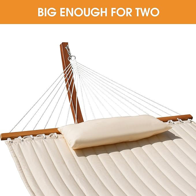 Lazy Daze Hammocks Double Quilted Hammock with 13 FT Curved Steel Heavy Duty Stand and Pillow for Outside, Backyard, Patio, 450 Lbs Capacity, Cream