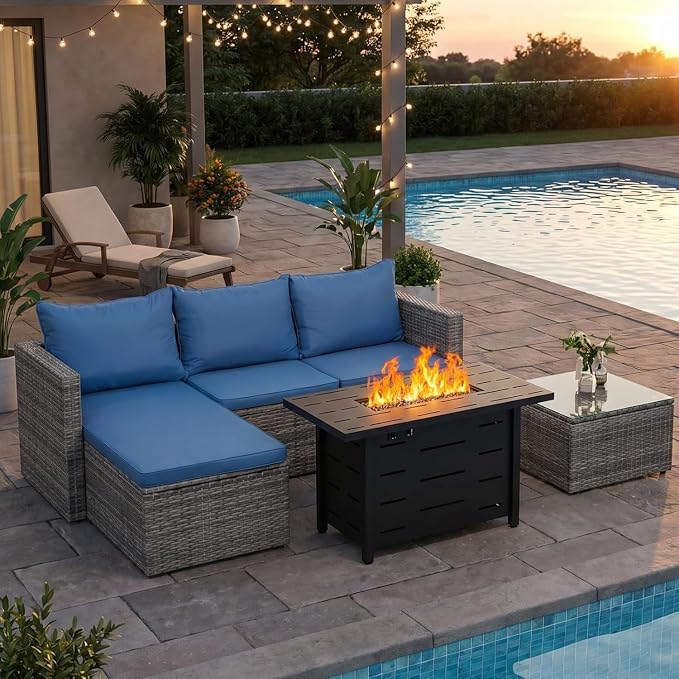 JAMFLY 4-Piece Patio Furniture Set with 43" Propane Fire Pit Table, Blue | All-Weather PE Wicker Sectional Sofa, Outdoor Conversation Set for Garden, Backyard & Deck