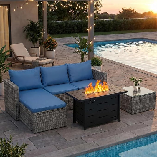 JAMFLY 4-Piece Patio Furniture Set with 43" Propane Fire Pit Table, Blue | All-Weather PE Wicker Sectional Sofa, Outdoor Conversation Set for Garden, Backyard & Deck