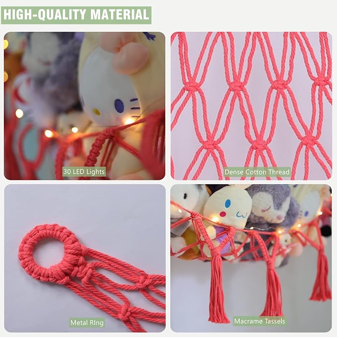 Macrame Stuffed Animal Hammock- Coral Red Hanging Corner Storage Net for Nursery & Bedroom Plushie Organization(No LED Lights)