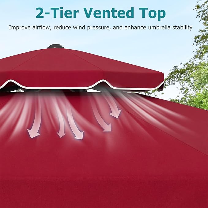 Happygrill 9 FT Patio Umbrella, Scalloped Outdoor Table Market Umbrella with Push Button Tilt & Crank, 2-Tier Vented Top, Heavy-Duty 8 Metal Ribs, Sun-Protective Canopy, Ruffle for Deck Pool Garden (Red)