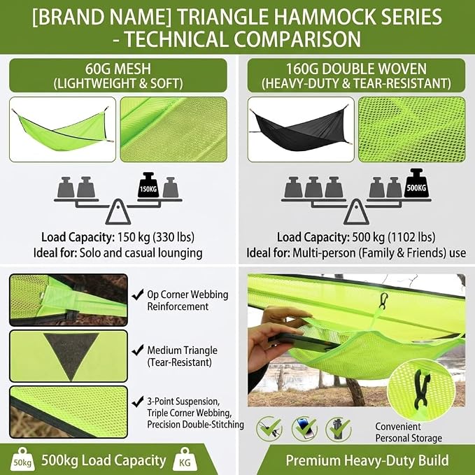 Multi-person triangular hammock, aerial camping hammock, suspended type, suitable for outdoor adventures, hiking, backyards, and gardens, includes straps, buckles, and storage bag (Green, 157in*157in)