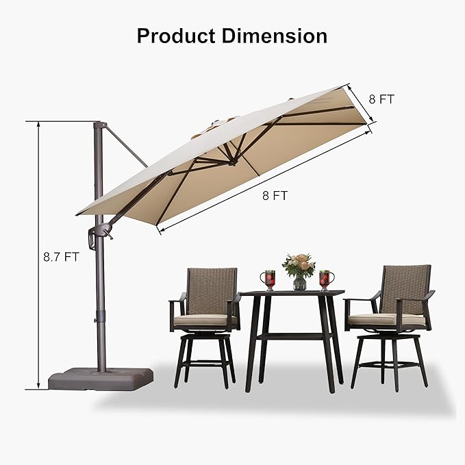 PURPLE LEAF 8' X 8' Cantilever Patio Umbrella with Base Included Antique Bronze Square Umbrella with 360° Rotation and Aluminum Offset Hanging Outdoor Umbrella for Pool Garden Backyard Deck, Beige