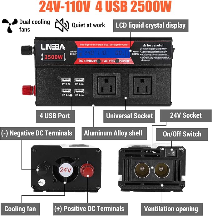 2500 Watt Power Inverter with LED Display,Dual AC Outlets,4 USB Port, 24V DC to 110V AC Converter Car Power Inverter for Car, RV, Truck, Off Grid Solar System, Camping