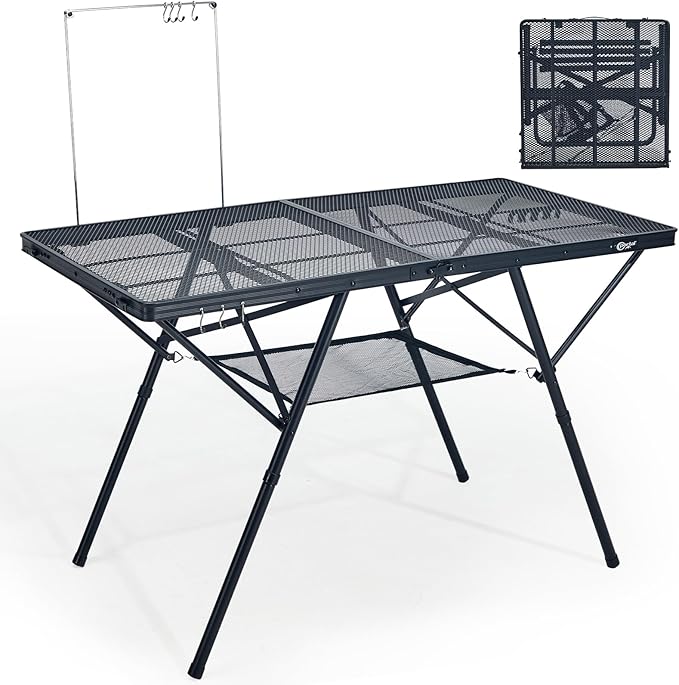 Portal Iron Mesh Folding Grill Table with 2 Adjustable Heights(15" & 29"), Heavy Duty Metal Camp Table, Heat-Resistant Tabletop for BBQ & Outdoor Cooking, One-Piece Folding Design, Dark Gray