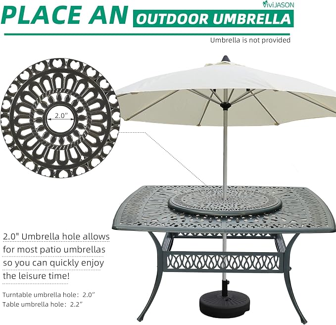 VIVIJASON Outdoor 64" Patio Dining Table for 8 Person, Large Patio Square Dining Table with 35.4" Lazy Susan, Dark Bronze Cast Aluminum Rustic Patio Table W/Umbrella Hole for Balcony, Porch and Deck