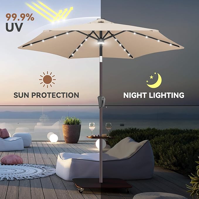 7.5ft Solar Umbrella Outdoor - Lighted Solar Patio Umbrella with 24 LED Lights Waterproof UV Protection, Table Umbrella with Tilt for Pool, Porch, Garden, Deck, Backyard (Beige)