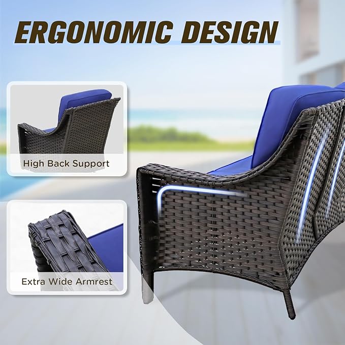 Stone Creek Outdoor Furniture Set with Patio Chairs, 3 Seater Couch & Ottomans, Wicker Patio Conversation Set, Balcony Furniture, 5 Piece, Brown/Blue