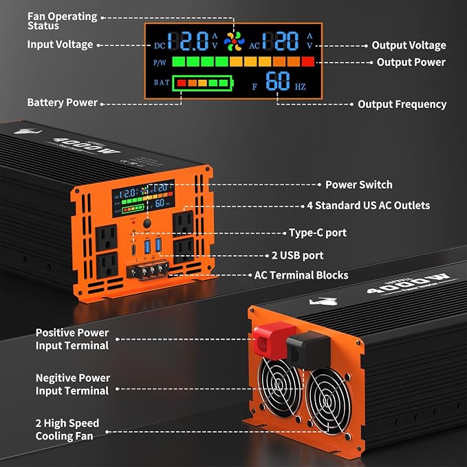 4000 Watt Power Inverter 12V DC to 120V/110V AC for Vehicles RV, Truck, Solar, Home, Off-Grid Car Converter Surge 8000W with 4 AC Outlet, 2 USB-A Port, 200ft Remote Control and 3 AC Terminal Blocks