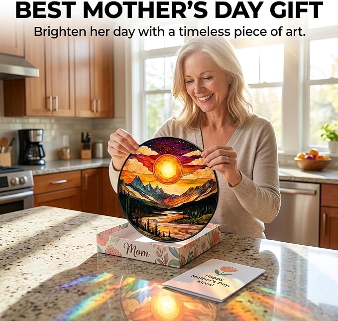Birthday Gifts for Women - Sunset Mountains River Faux Stained Glass Window Hanging Sun Catcher for Door Garden Acrylic Decor Mother's Day Christmas for Mom Nana Men Grandma Wife 7.8"