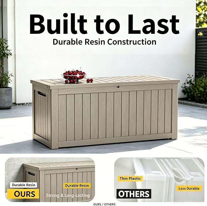 270 Gallon Outdoor Storage Box, Waterproof Resin Deck Container with Lockable Lid, Patio Organizer for Cushions & Garden Tools, Slate Grey