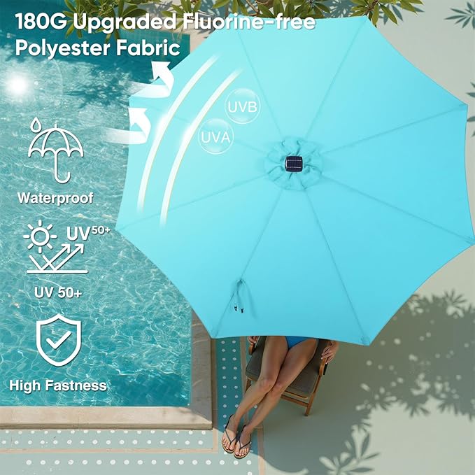 DUMOS LED Outdoor Patio Umbrella 10 FT UV-Resistant Market Umbrella with Tilt Adjustment & Crank Lift, All-Weather Shade for Backyard, Deck, Garden, Beach