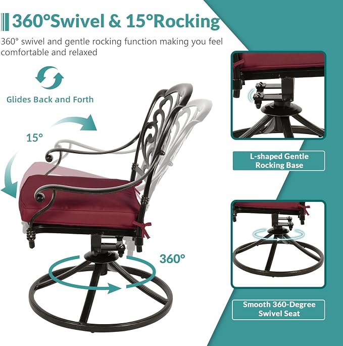 MEETWARM 9-Piece Outdoor Patio Dining Set, All Weather Cast Aluminum Patio Funiture Table and Chairs Set- 94.5” Rectangular Table and 2 Swivel Rocker Chairs, 6 Stationary, Umbrella Hole, Chili Red