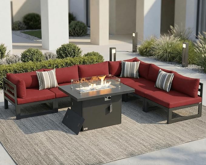 NICESOUL 6 Person Oversized Modular Aluminum Outdoor Furniture Set with Fire Pit Table, 29" Deep Wide Sectional Seating, 500 lbs High Weight Capacity Patio Conversation Set for Garden Deck, Burgundy