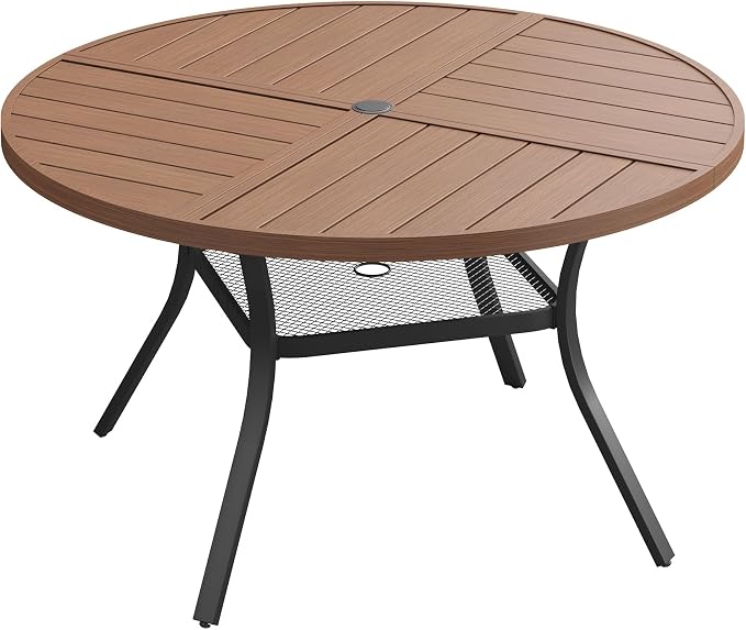47.2" Outdoor Dining Table with Adjustable Umbrella Hole, Metal Slatted Round Patio Dining Table for Backyard Garden Deck, Walnut