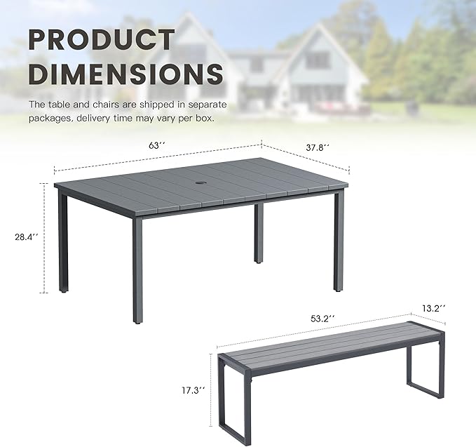 3 Pieces Outdoor Dining Set, 63" Patio Dining Table with 2 Outdoor Backless Benches Metal Frame & Faux Wood Seat for Garden Lawn Backyard, Grey