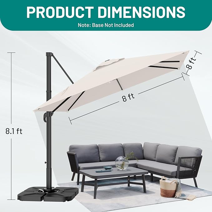 AreShark 8 × 8FT Square Cantilever Patio Umbrella with Base Included, 360° Rotation Offset Outdoor Umbrella, 5 Tilt Settings Heavy Duty Hanging Parasol for Deck Garden Pool, Cream White