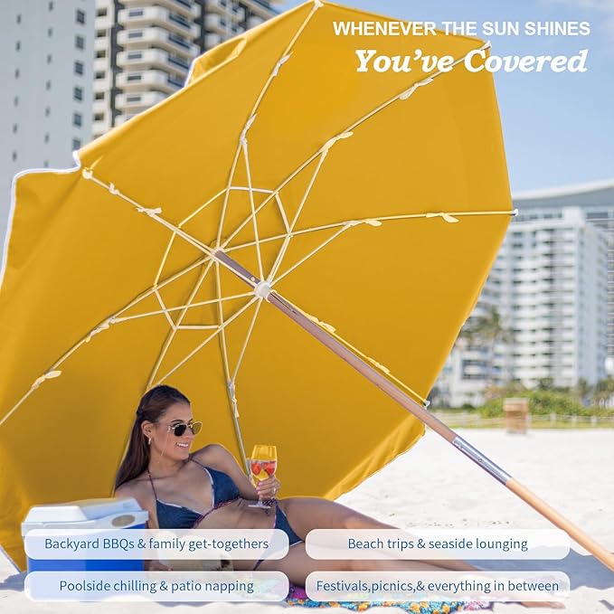 AMMSUN 7.5ft Heavy Duty High Wind Beach Umbrella Commercial Grade with Air Vent Ash Wood Pole & Carry Bag UPF 50+ Sun Protection for Patio Garden Pool Backyard Yellow