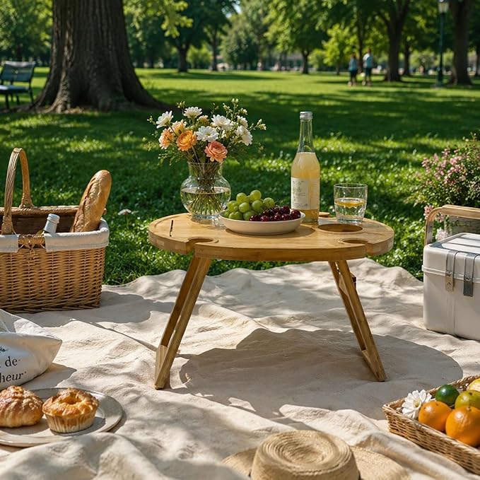Wine Picnic Table with 4 Glass Holders, Small Portable Picnic Beachtable, Foldable Bamboo Outdoor Charcuterie Table, Low Picnic Snack Tray for Camping, Beach, Includes Cheese Knife Set & Tote Bag